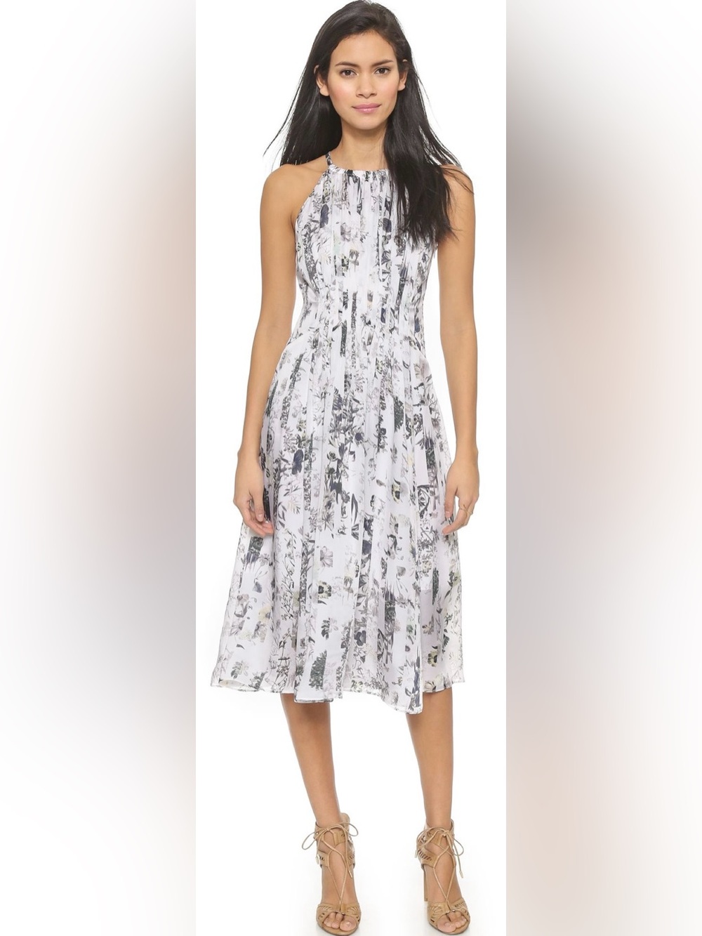 Club Monaco White and Gray Floral Silk Halter Midi Dress